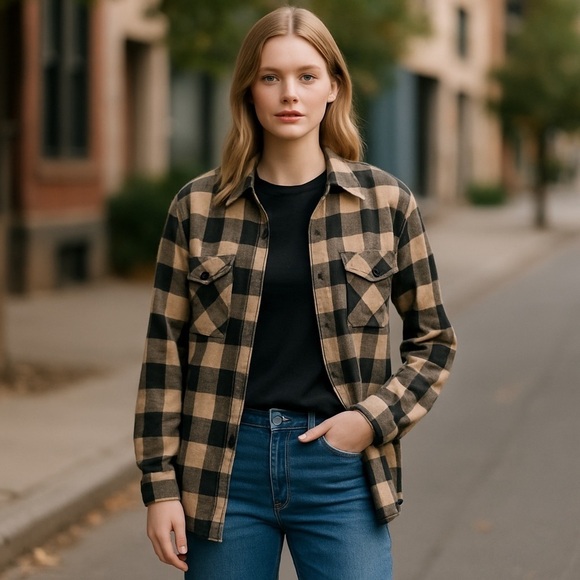 beachlunchlounge Tops - Beachlunchlounge Black and Tan Tyler Flannel Tunic Shirt